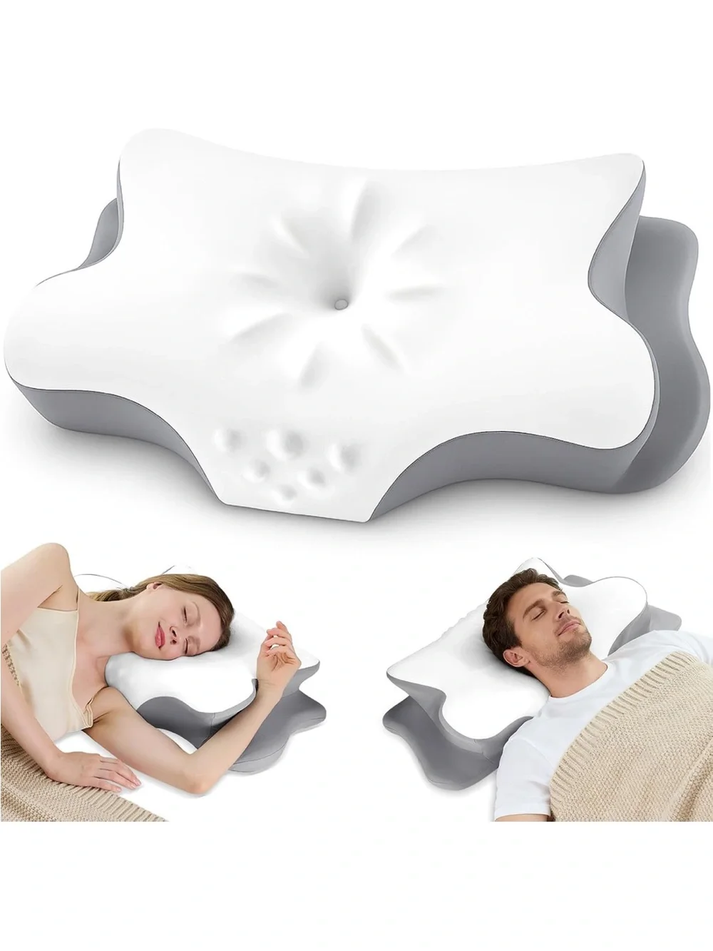 Contour Memory Foam Pillow in White and Gray - Ergonomic Support 060